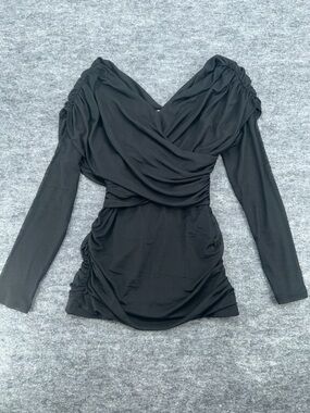 LOFT Black Ruched Off Shoulder Top Long Sleeve Mesh Bodycon Size L